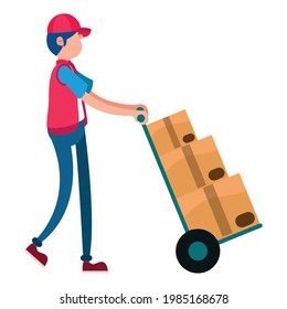 Isolated delivery guy with packages on a cart Vector