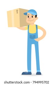 Isolated delivery man with parcel on white background.