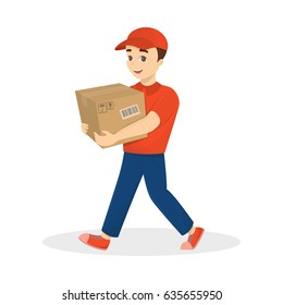 Isolated delivery man with parcel in red uniform on white background.