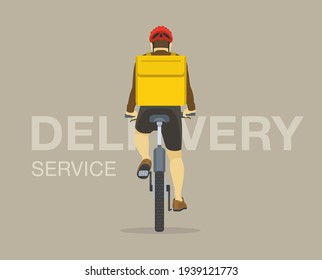 Isolated delivery service cyclist courier on bicycle with yellow parcel box on the back. Back view of cycling bike rider. Flat vector illustration template.