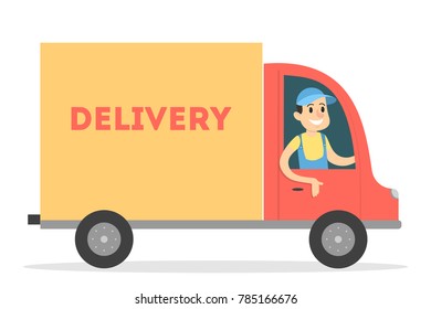 Isolated delivery truck with man on white background.