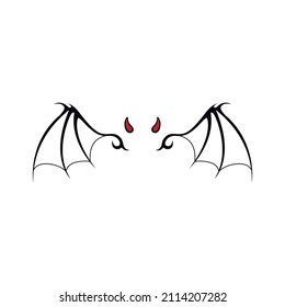 Isolated demon wings with horns tattoo. Fantasy devil logo. Black vampire sign. Hell bat pattern. Vector illustration