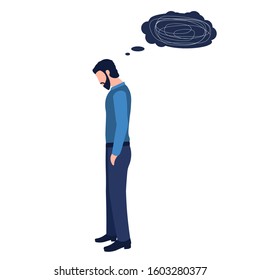 Isolated depression man with bowed head and metaphorical thinks on a white background. Concept of confusion of mind, messy thoughts, anxiety disorders, mental illness, stress. Vector illustration.