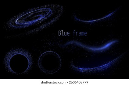 Isolated design component, blue set of swirls and arches made of small tinsel.