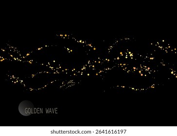 Isolated design component, chaotic golden glittering tinsel on black background
