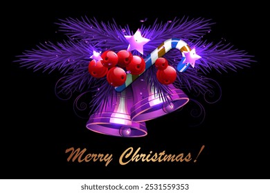 Isolated design component. Christmas composition of fir branches, bells of purple gradient.