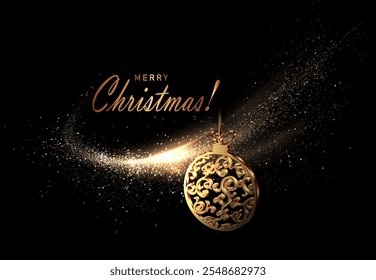 Isolated design component, gold glitter arc with retro Christmas tree decoration. Merry Christmas.