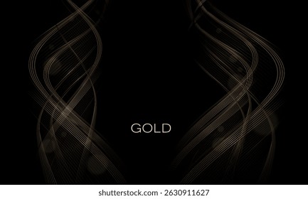 Isolated design components, exquisite golden waves on black background