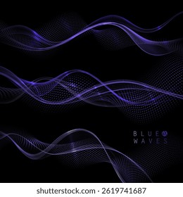 Isolated design components, wavy blue patterns on black background