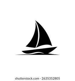 Isolated design displays a black sailboat silhouette, featuring nautical yacht sailing across water with a clean, minimalist boat illustration.