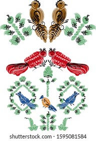 Isolated design element. Collection of illustration in cartoon style. Magic birds and plant.