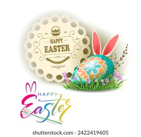Isolated design element. Composition with Easter egg and round frame.