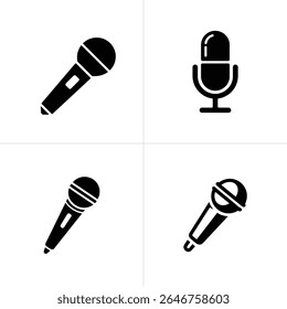 Isolated design element displays four microphone silhouettes showing diverse styles on a white surface, showcasing minimalist style and equipment themes.