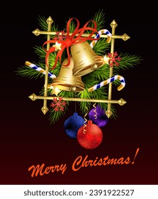 Isolated design element with golden bells and square frame with balls.