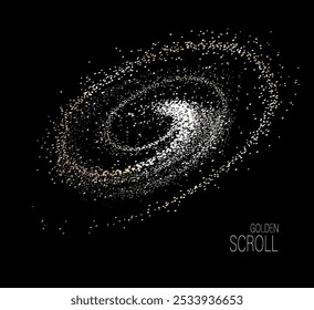 Isolated design element, golden curl of small tinsel on black background.