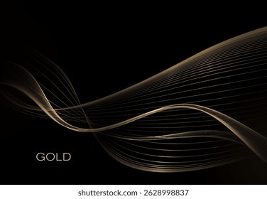 Elemento de design isolado, grande forma de ouro ondulado no fundo preto