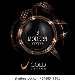 Isolated design element with round golden frame with ribbons on black background.