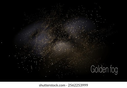 Isolated design element, shiny golden fog, tinsel on black background.
