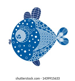 Isolated design element Vector illustration. Sketch of the decorative pattern of fish. incredible fish with big eyes. Linear illustration of a fish with patterns. blue silhouette on white background