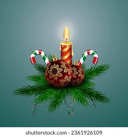 Isolated design element,Christmas composition of fir branches, candles and balls.