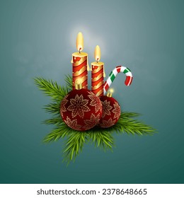 Isolated design element,Christmas composition of fir branches, candles, and burgundy balls.