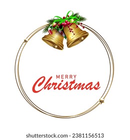 Isolated design element,Christmas round wreath with golden bells.