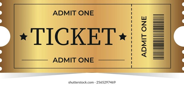 Isolated design of movie ticket, event, party, golden, lettering, barcode, casino, entertainment