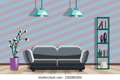 Isolated design of the room with a sofa, shelves and luxurious indoor plants. Vector illustration.