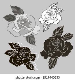 Isolated design with set of blooming roses and leaves on grey background. The design is suitable for clothes, wallpaper, stickers, decorations.