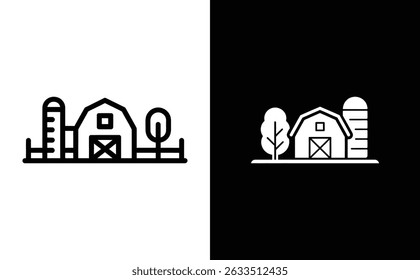 Isolated design showing a farmhouse, silo, and tree with a fence. The image is split between white and black. Line art depicts a rural scene icon.
