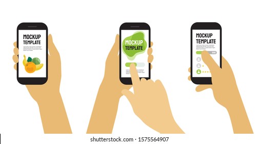 Isolated design templates of hands holding smartphone. Vector illustration using mobile devices or app, touch screen and push button. Set of mockups of different hand poses with black cellular phones.