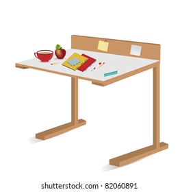 isolated desk for kids with an apple, mug, notebooks and pencils