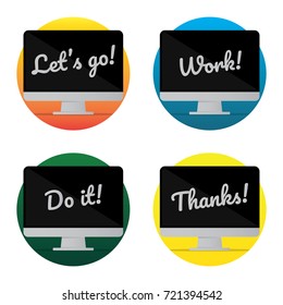 isolated desktop Computer icon set. lettering quote on the Monitor screen. flat Sticker style design vector illustration