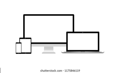 Isolated desktop monitor laptop tablet and smartphone mock up on white background. EPS10 compatible