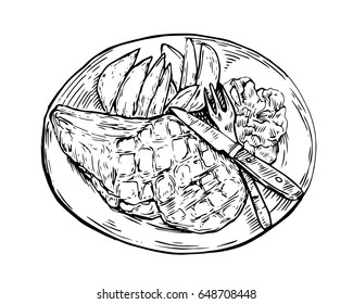 Isolated Detail Vintage Hand Drawn Food Sketch Illustration    Barbecue Steak