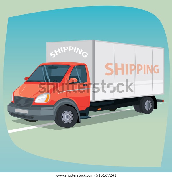 Isolated, detailed images of\
three-dimensional box truck, closed body car, the main device of\
freight carriers in cartoon style. Side front view. Vector\
illustration