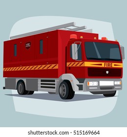 Isolated, detailed images of three-dimensional firefighting apparatus, fire engine car, the main device of firefighters, in cartoon style. Side front view. Vector illustration