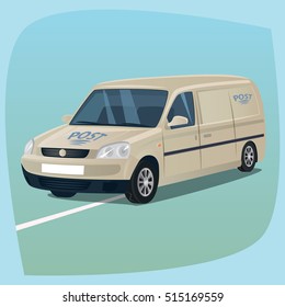 Isolated, detailed three-dimensional image of mail truck, auto car with parcels, the main device of postal carriers in cartoon style. Side front view. Vector illustration