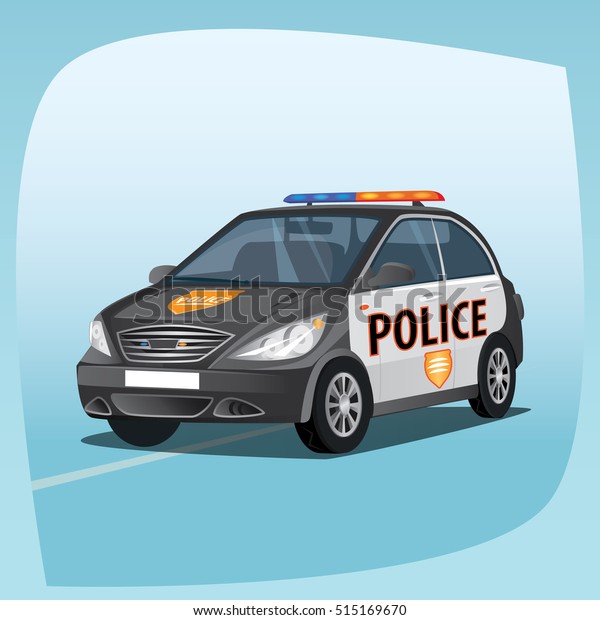 パトカーの細かい3次元画像 非常灯付き車両 警察官の主な装置が漫画風に描かれている 側面正面図 ベクターイラスト のベクター画像素材 ロイヤリティフリー