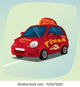 Isolated, detailed three-dimensional image of pizza delivery car, vehicle with distinctive signs, the main device of couriers, in cartoon style. Side front view. Vector illustration