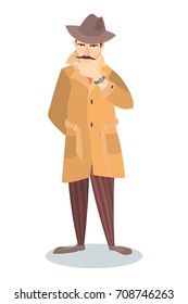 Isolated detective in thoughts on white background.
