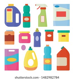 Isolated detergent bottle set - flat cartoon collection of house cleaning liquids. Dish washing liquid, laundry powder, bleach and other domestic chemical cleaners - vector illustration