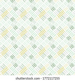 Isolated diagonal yellow, blue and green lines. Abstract seamless dash pattern on white background. Perfect as textile print, wrapping paper, wallpaper and more. Vector illustration.