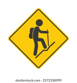Isolated diamond yellow shape sign, hiking and mountain climbing path, with illustration of person hiking up the mountain.