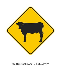 Isolated diamond yellow sign of animal crossing, road safety alert, cow farming zore
