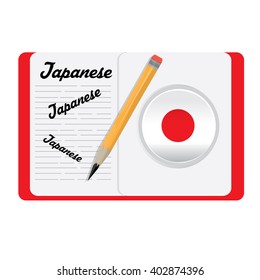 Isolated dictionary with text, a pencil and a japanese flag on a white background