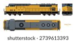 Isolated diesel cargo train. 3d drawing of yellow locomotive. Railway delivery. Side, top and front railroad vehicle view. Vector illustration
