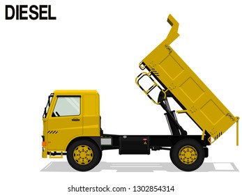 Isolated Diesel dump truck is lifting tray on transparent background