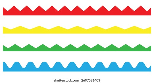 Isolated different colour scalloped edge set on white background. Simple vector pattern stripe scalloped icons on white page. EPS 10. 