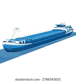 An isolated digital illustration of a large blue inland cargo barge vessel viewed from a high angle perspective on a light blue water surface